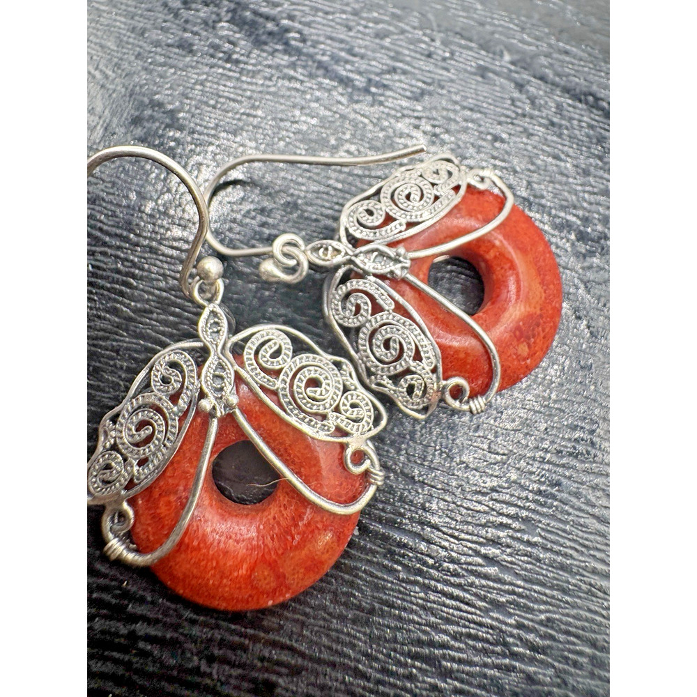Silver and Red Coral Dangle Earrings Round Drop Dangle 9.4g